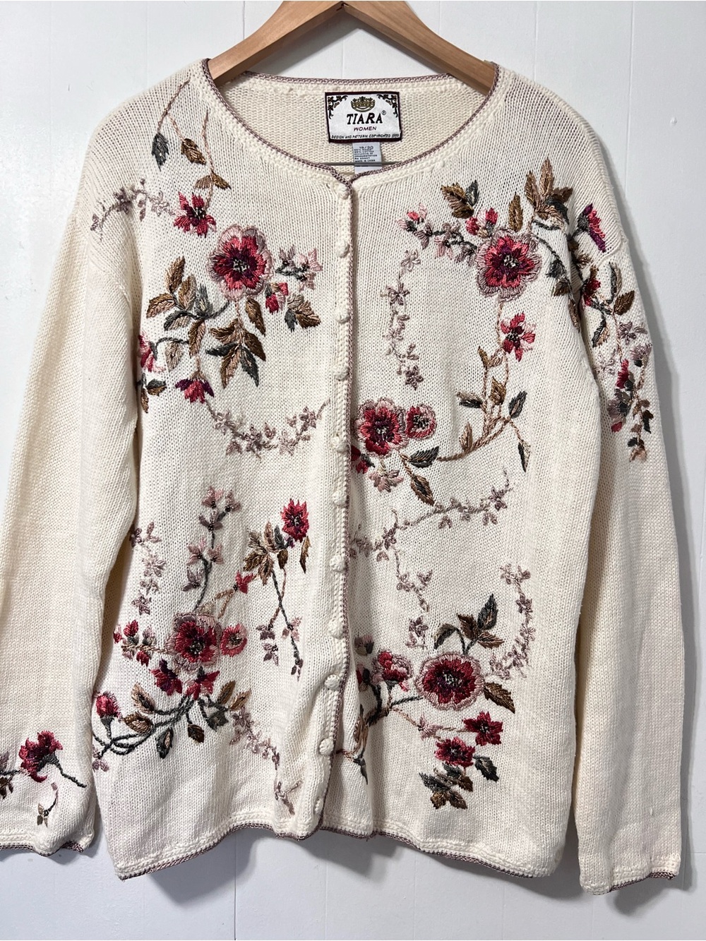 Vintage Floral Beaded Embroidery Button Front Cardigan Sweater Cottagecore XL